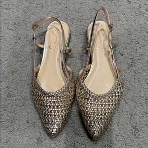 Jessica Simpson gold woven slingbacks